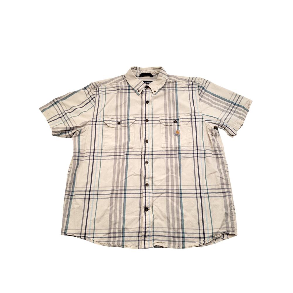 Carhartt Loose Fit Button Down Shirt XL Cream Plaid 100% Cotton